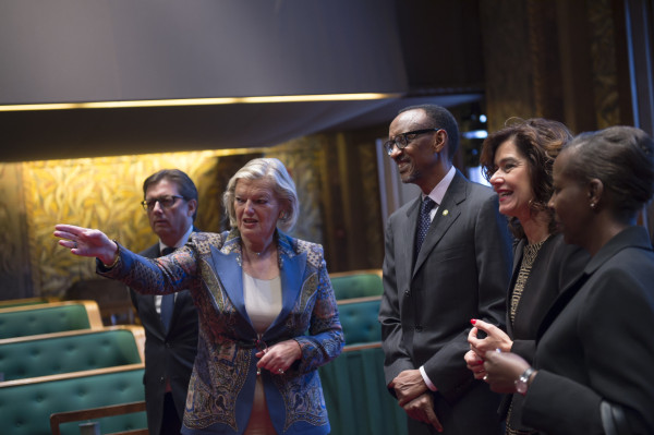 President Paul Kagame with Mrs Ankie" Broekers-Knol , Speaker of The Senate ( on the right of President P. Kagame) and Mrs Anouchka van Miltenburg , Speaker of Parliament , lower  Chamber ( his left ) and Mrs Louise Mushikiwabo, Minister of Foreign Affairs of Rwanda ( black suit ).